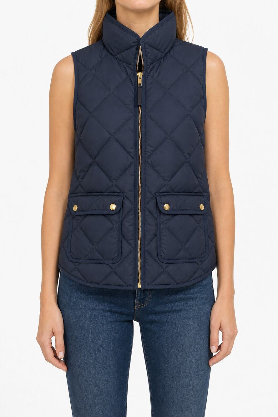 J.Crew Women's Navy Blue Diamond Quilted Down Filled Puffer Vest Gold Zip XS